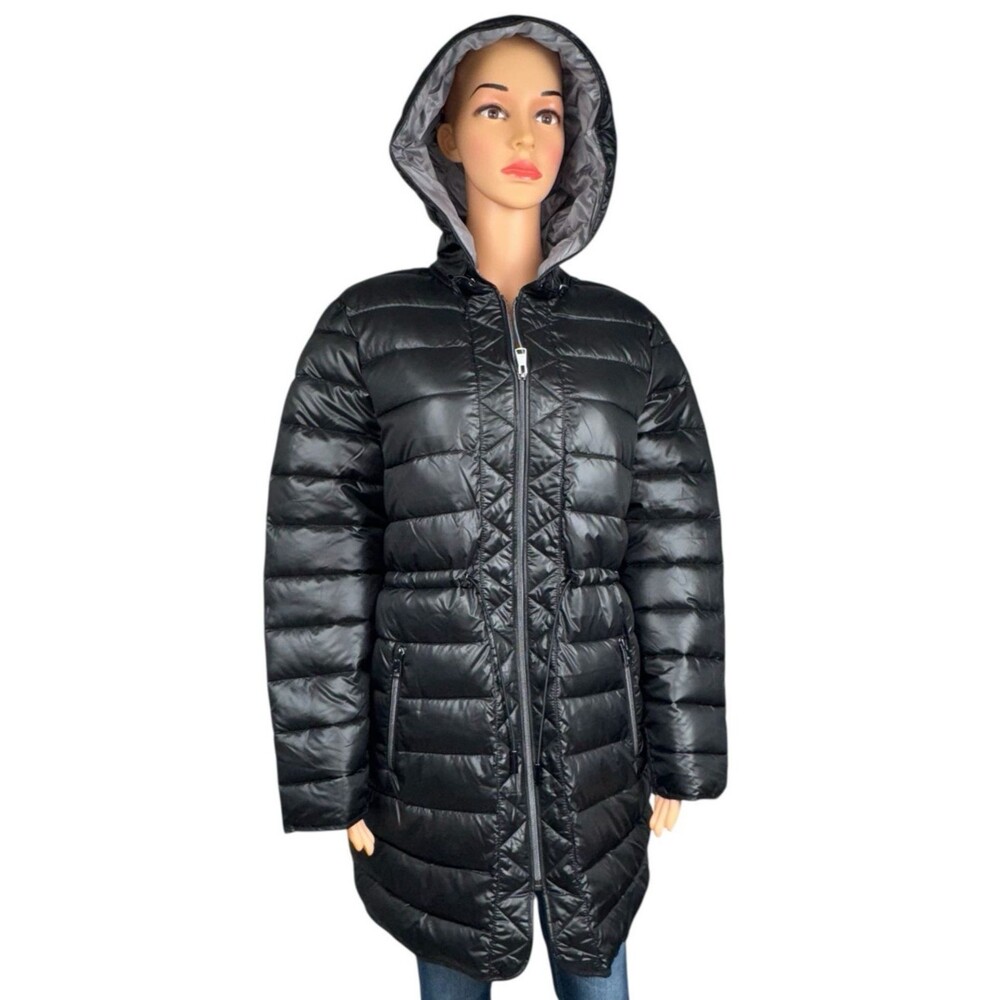 Kenneth Cole Womens Medium Jacket Black Quilted Anorak Hooded Parka Puffer Coat